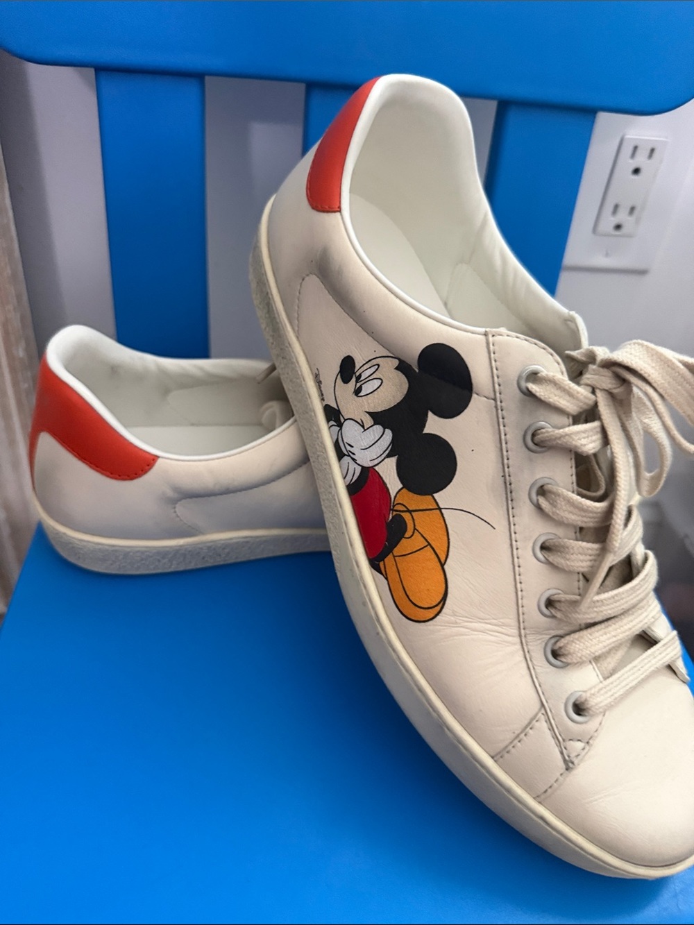 Gucci White Mickey Mouse Sneakers with Red Heel Accent